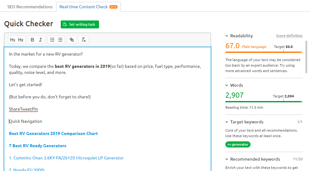 SEMrush Real-Time Content Checker